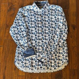 Blue and White Patterned Button-Up Shirt